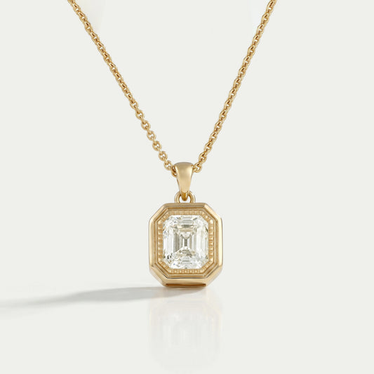Old Mine Emerald Lab Diamond Milgrain Bezel Set Pendant Necklaces