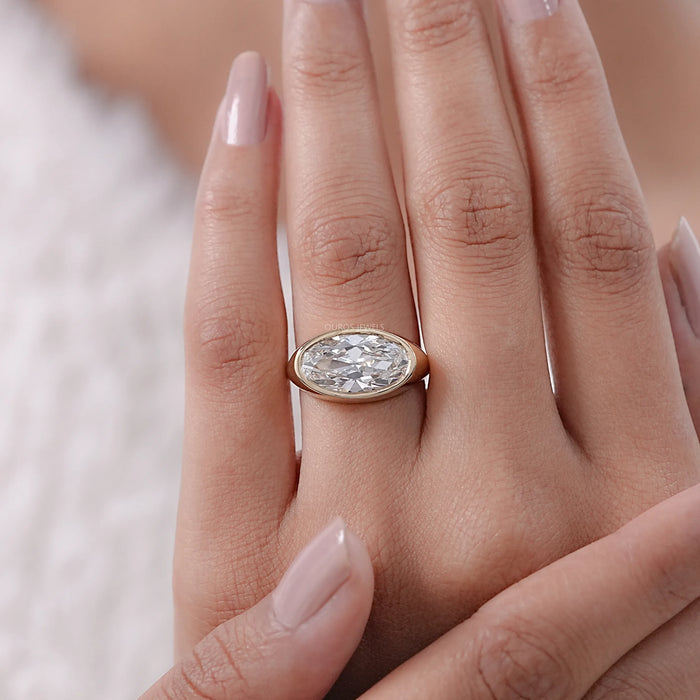 East West Old Mine Moval Cut Bezel Set Solitaire Ring