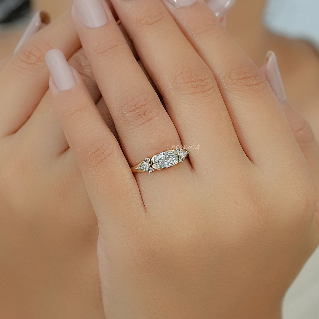 Old Mine Moval Cut Half Bezel Accent Engagement Ring Ring