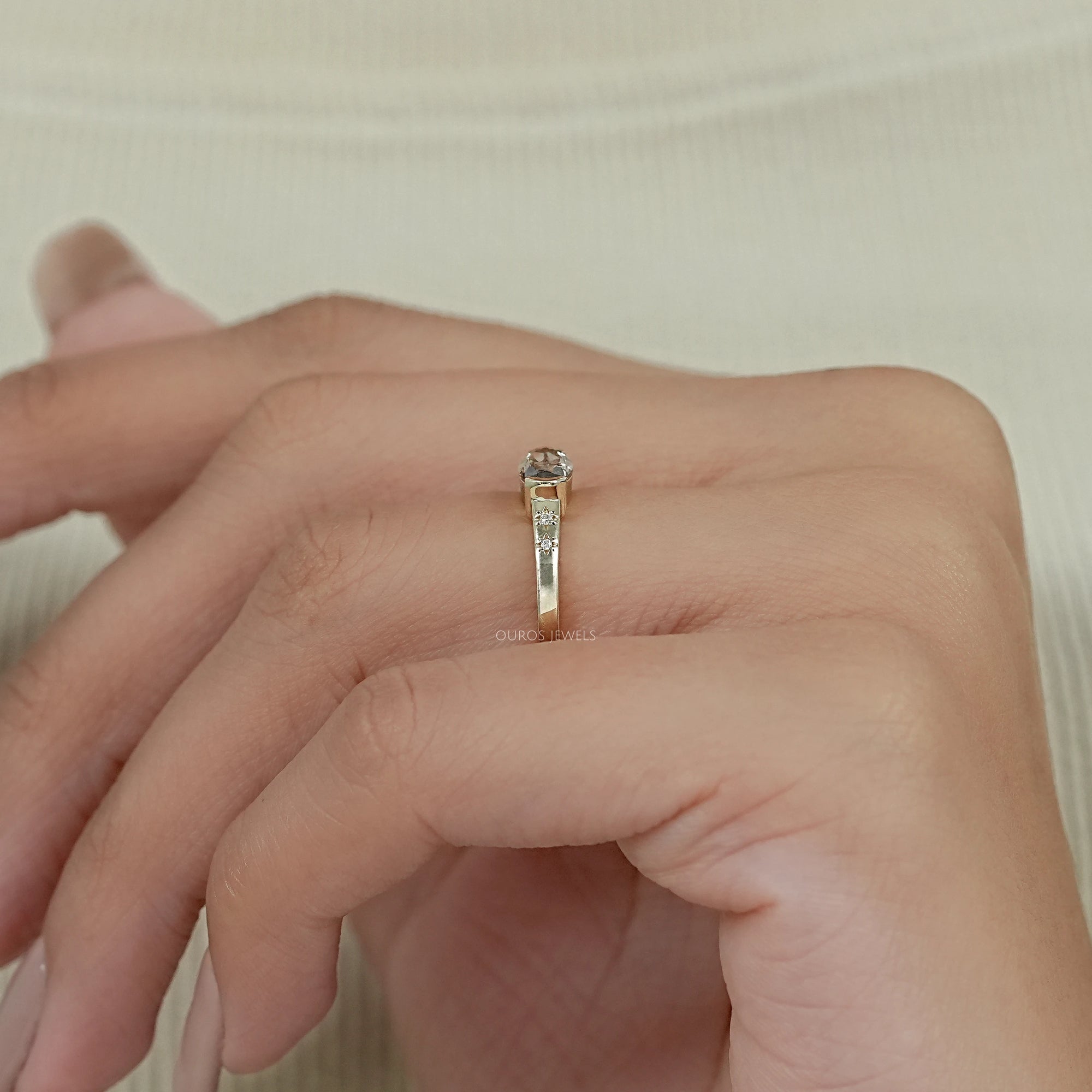 Champagne East West Old Mine Moval Half Bezel Accent Ring Rings