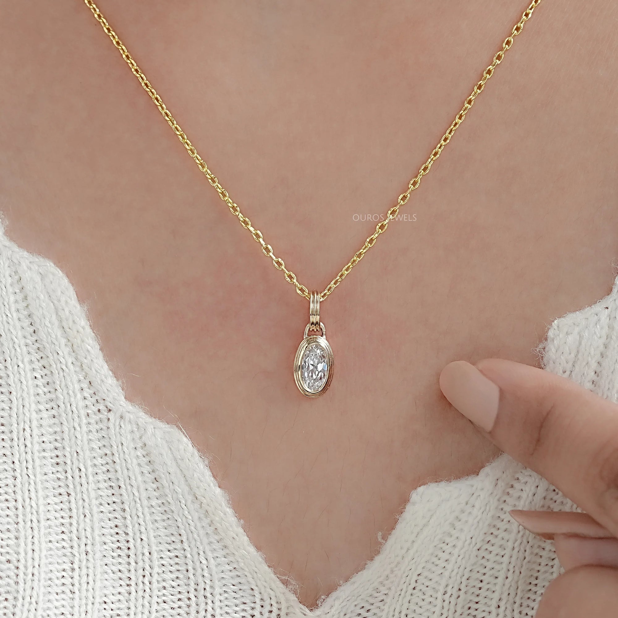 Old Mine Moval Lab Diamond Bezel Set Pendant Necklaces