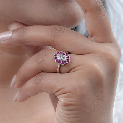 Old Mine Oval Cut Pink Halo Floral Engagement Ring Ring