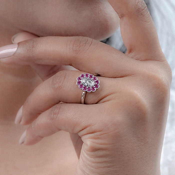 Old Mine Oval Cut Pink Halo Floral Engagement Ring