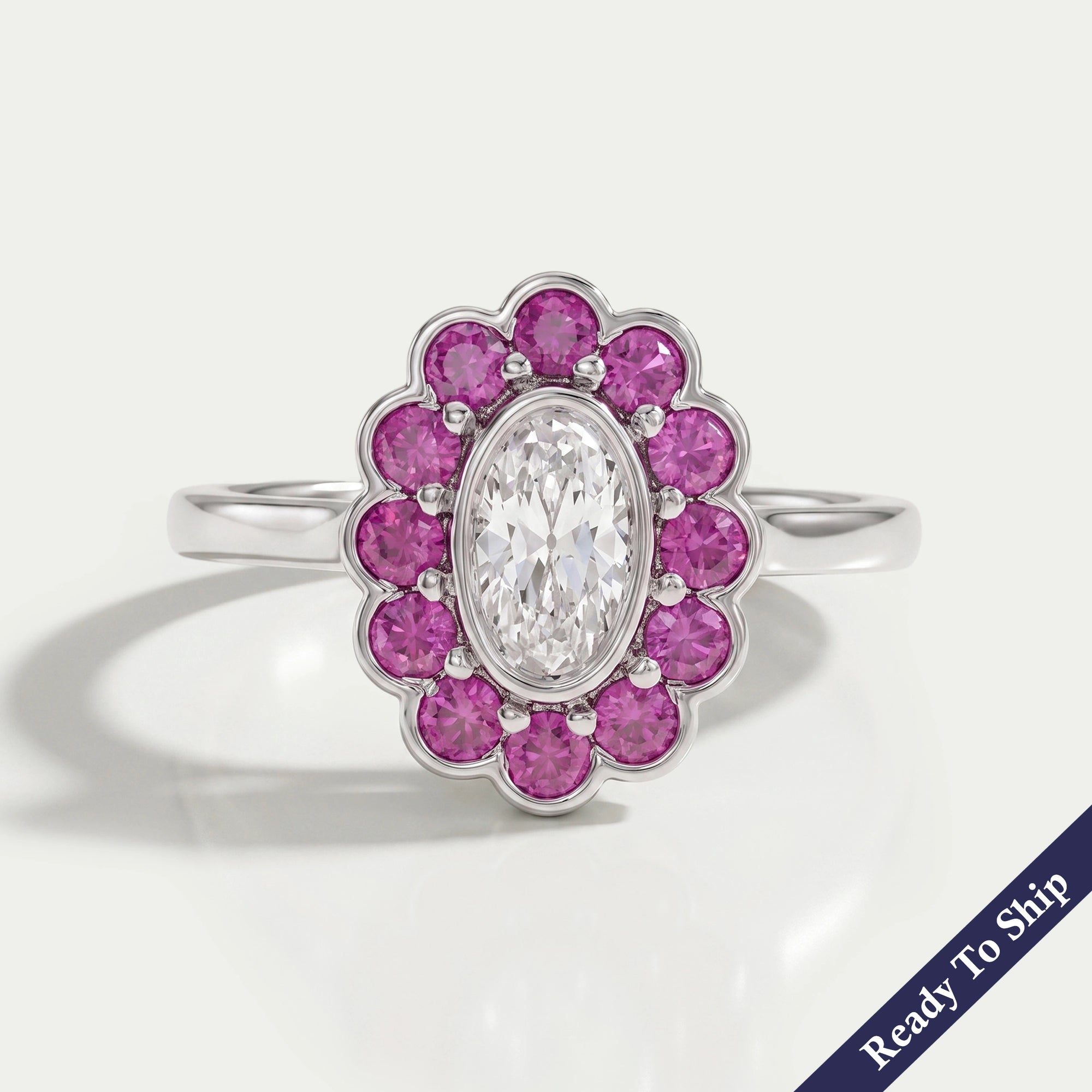 Old Mine Oval Cut Pink Halo Floral Engagement Ring Ring