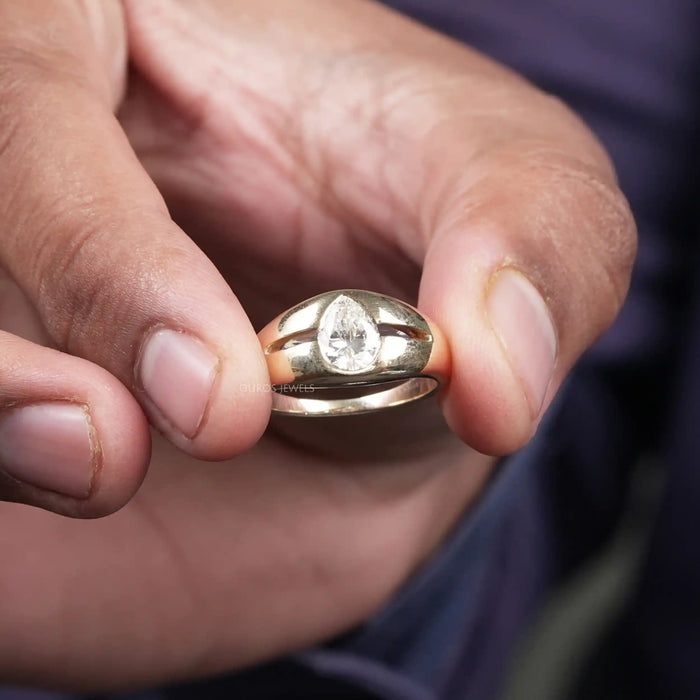 Old Mine Pear Lab Diamond Men's Wedding Ring