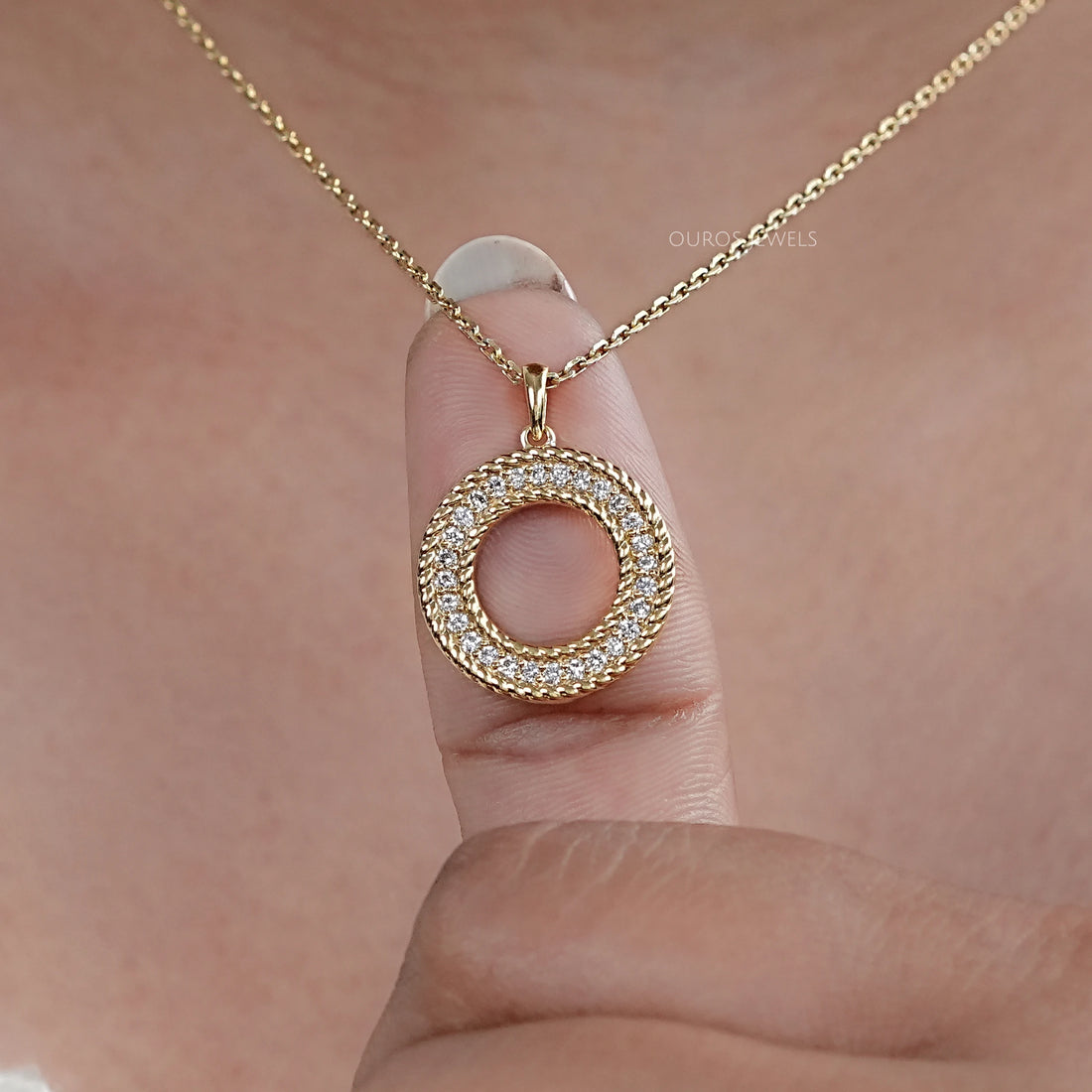 Lab Diamond Open Circle Double Beaded Border Pendant Necklaces