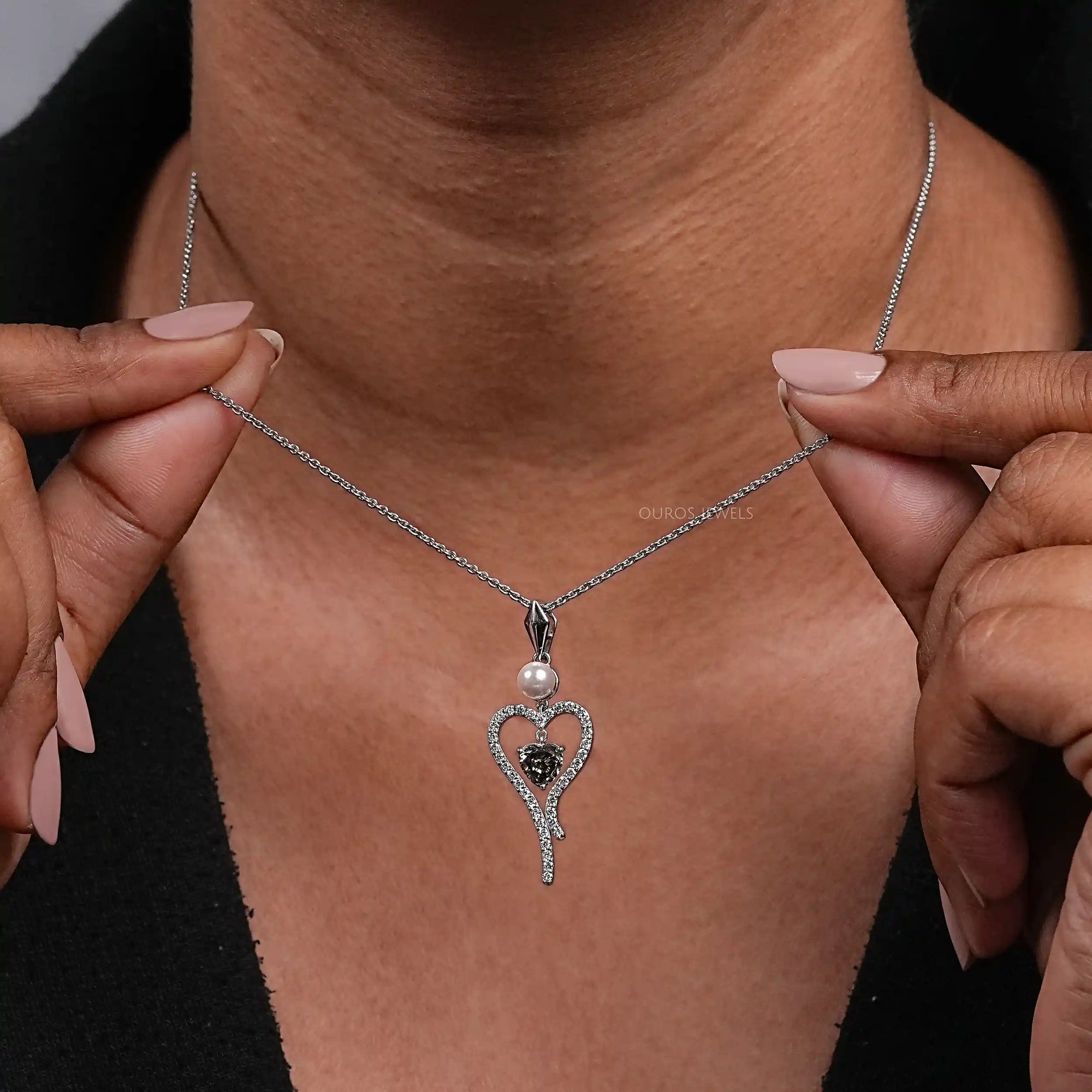 Pearl And Olive Heart Diamond Pendant Necklaces