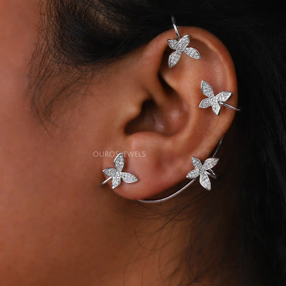 Butterfly Shape Round Cut Diamond Ear Cuff Earrings