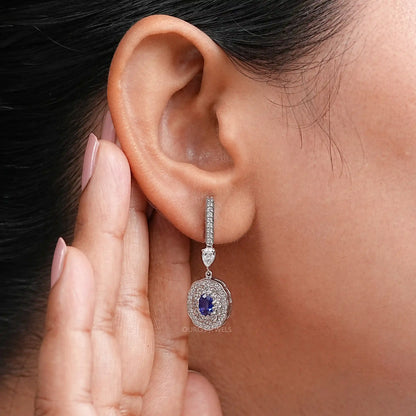Oval Sapphire and Diamond Double Halo Earrings
