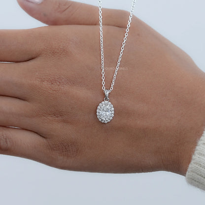 Oval and Round Lab Grown Diamond Halo Pendant Necklaces