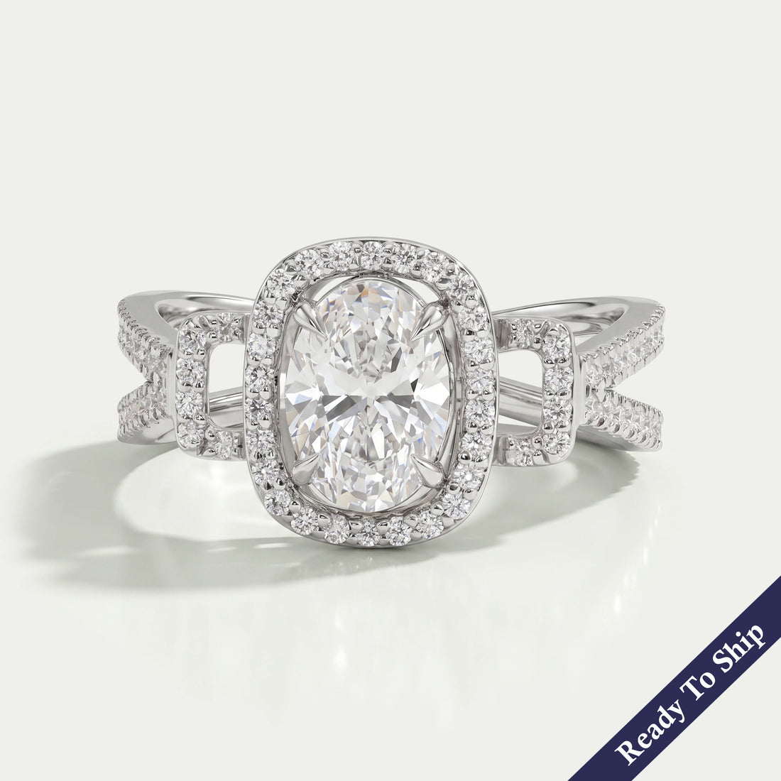 Oval Cut Halo Split Shank Engagement Ring