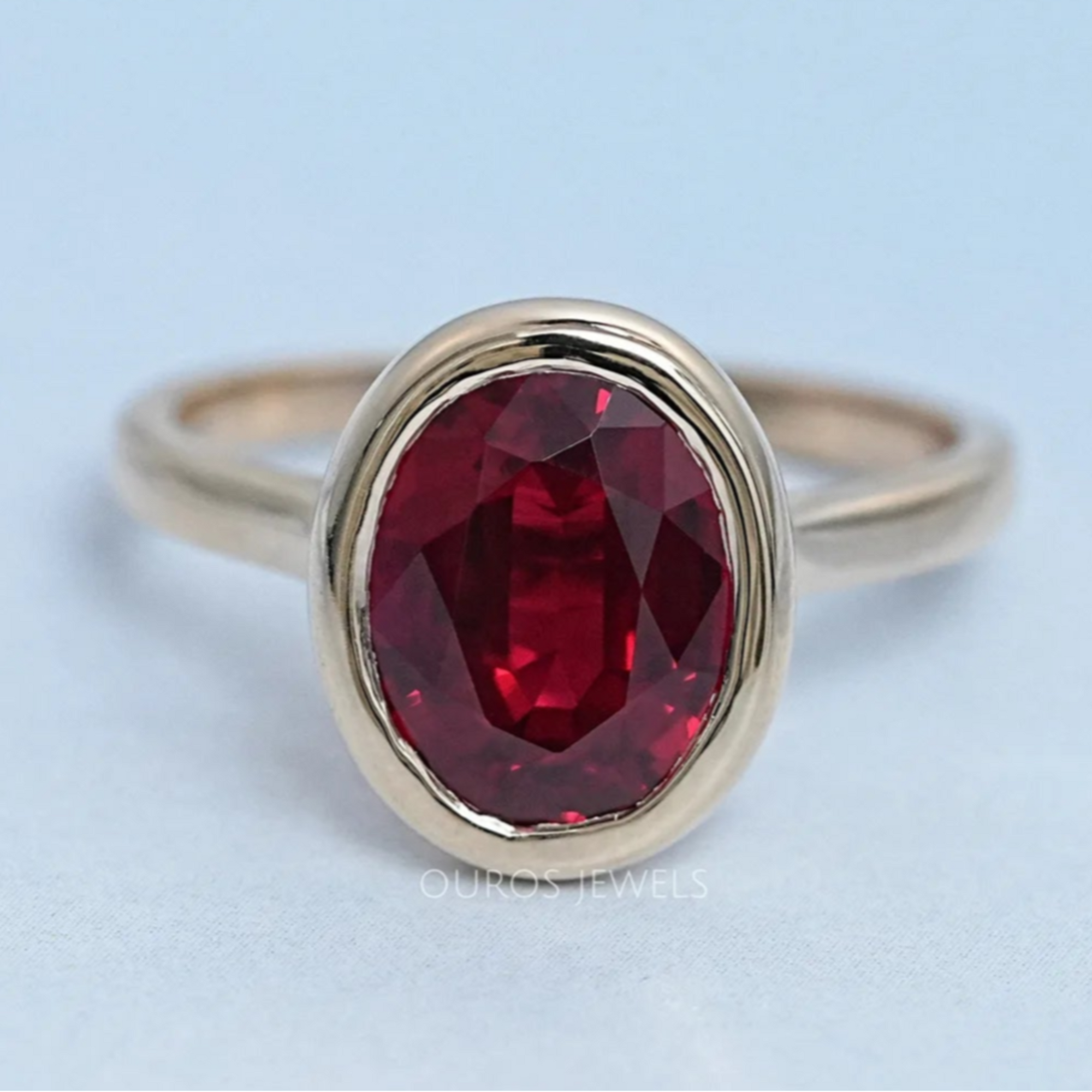 Oval Cut Ruby Lab Gemstone Bezel Set Solitaire Ring Rings