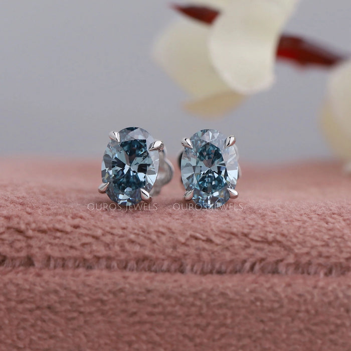 Oval Cut Diamond Stud Earrings In Blue