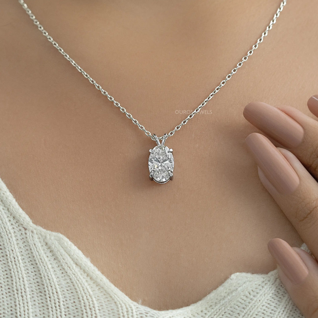 Oval Cut Lab Diamond Solitaire Bail Pendant Necklaces