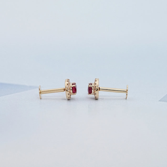Ruby Oval Gemstone Halo Set Stud Earring