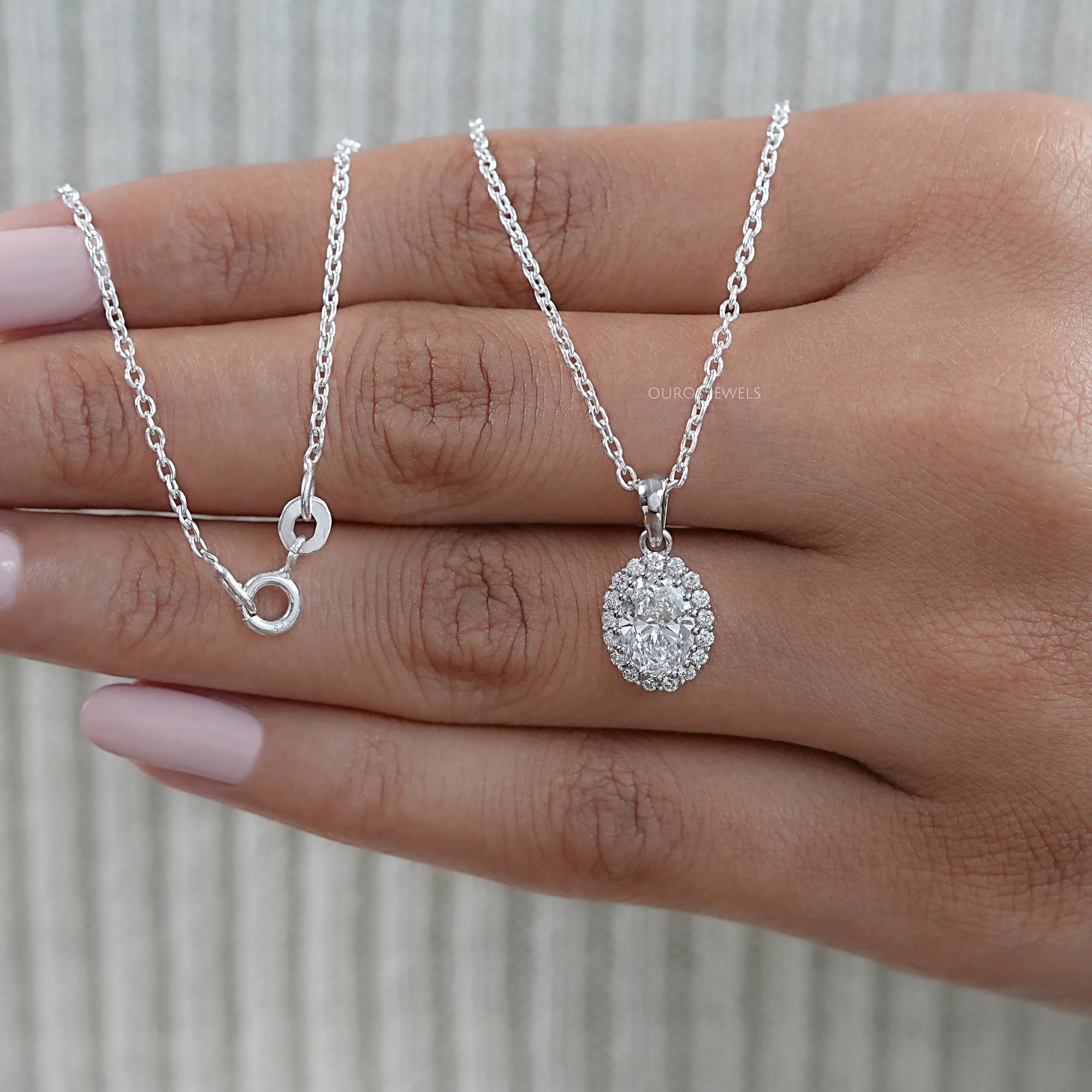 Oval and Round Lab Grown Diamond Halo Pendant Necklaces