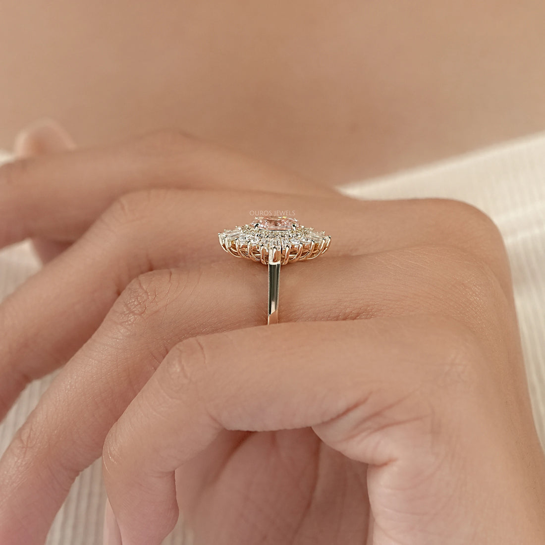Fancy Vivid Pink Oval Cut Double Halo Sunbrust Ring Rings