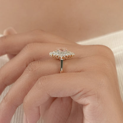 Fancy Vivid Pink Oval Cut Double Halo Sunbrust Ring Rings