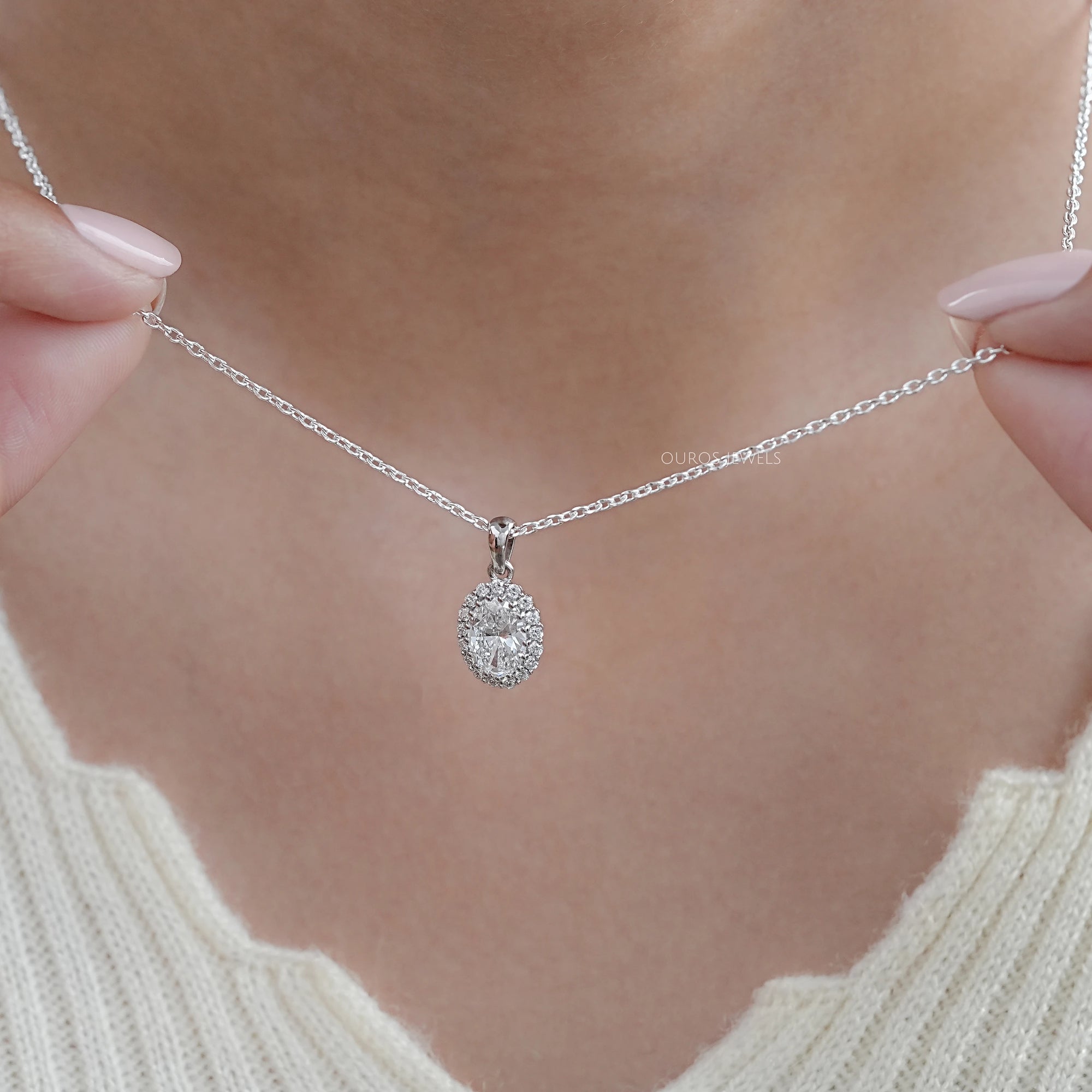 Oval and Round Lab Grown Diamond Halo Pendant Necklaces