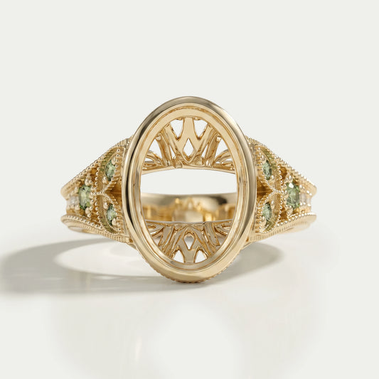 Oval Shape Accent Diamond Milgrain Set Semi-Mount Ring Ring