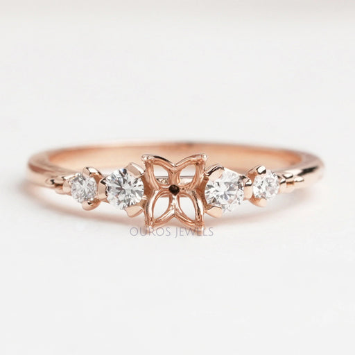 front view of floral semi mount round side stones engagement ring rose gold
