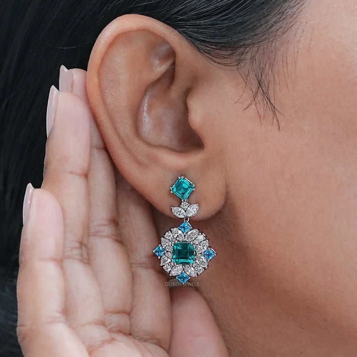 Asscher Paraiba Lab Gemstone Diamond Cluster Drop Earrings