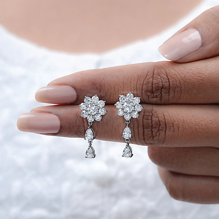 Round Cut Diamond Flower Drop Earrings