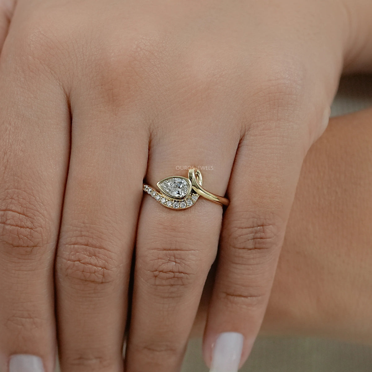 Bezel Old Mine Pear Diamond Wave Accent Ring