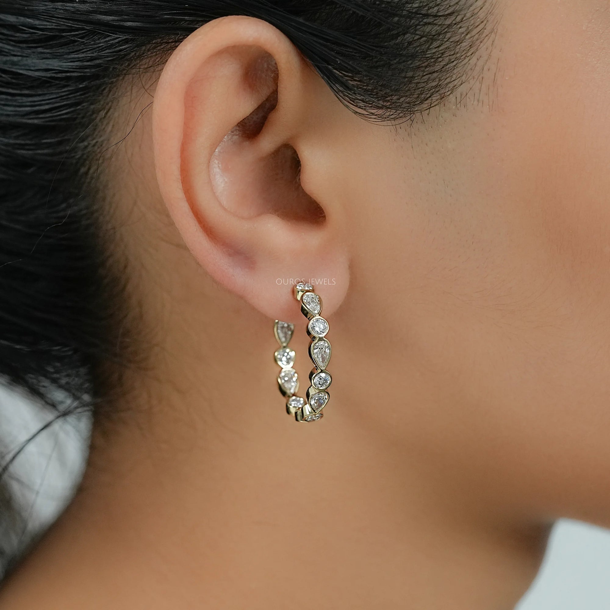Pear And Round Diamond Bezel Set C Hoop Earrings Earring