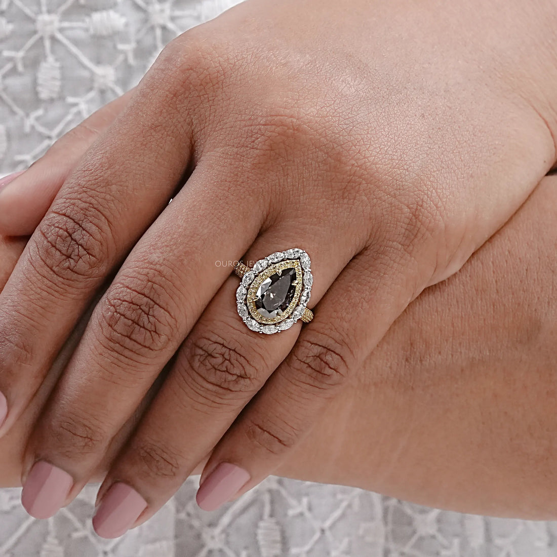 Champagne Pear Cut Double Halo With Engagement Ring Rings