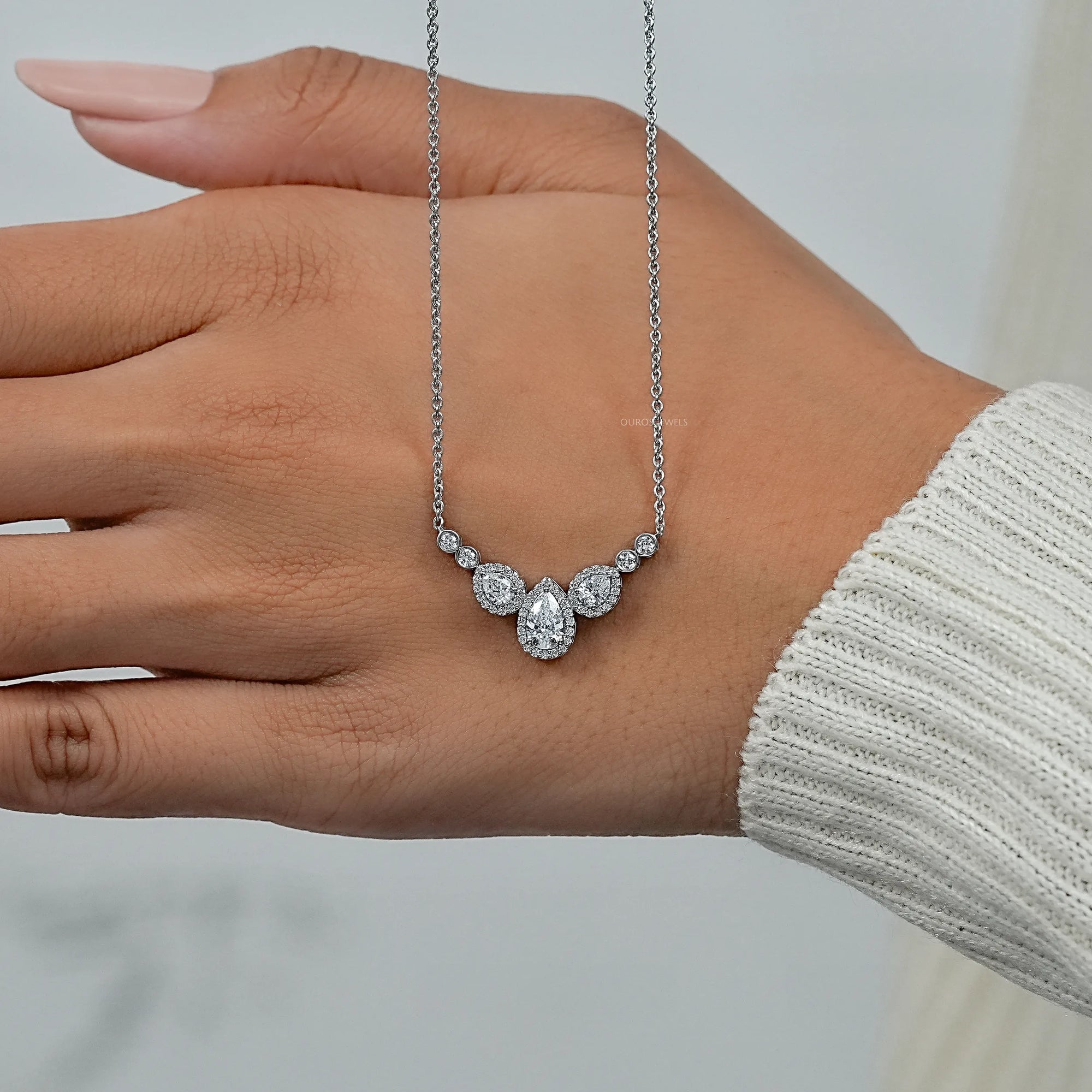 Pear Cut Halo Teardrop Chain Necklace