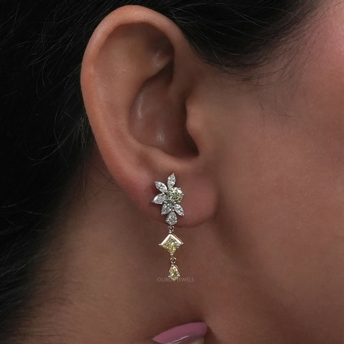 Yellow And White Diamond Floral Drop Earrings