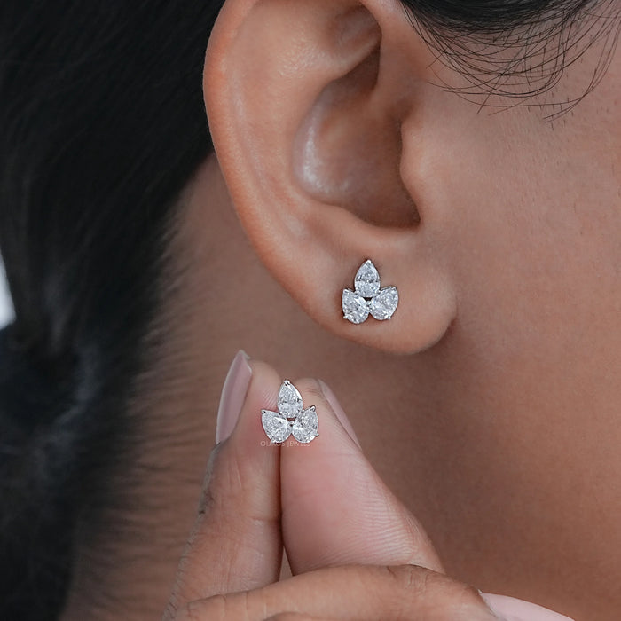 Pear Cut Lab Diamond Stud Earrings In Three Stone