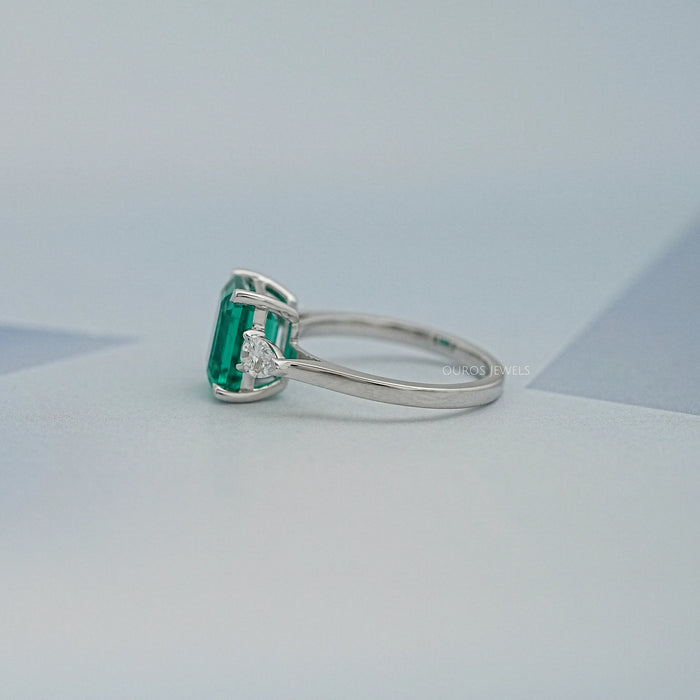 Three Stone Green Emerald Engagement Ring