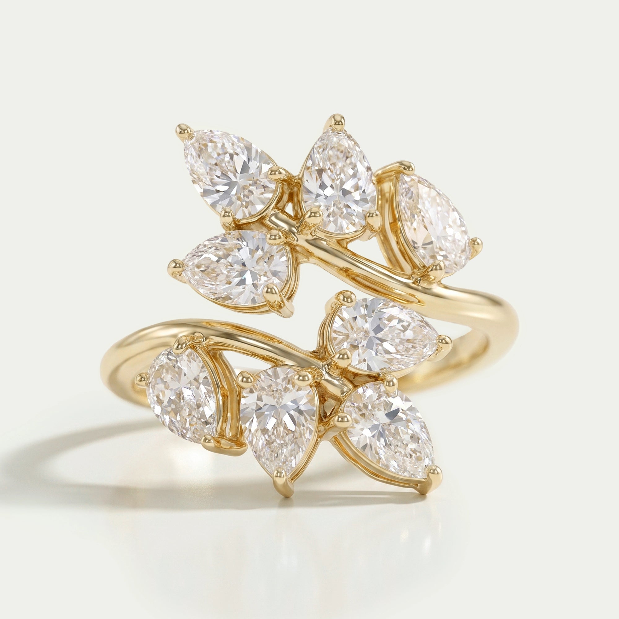 Diamond Pear Cluster Leaf Design Ring
