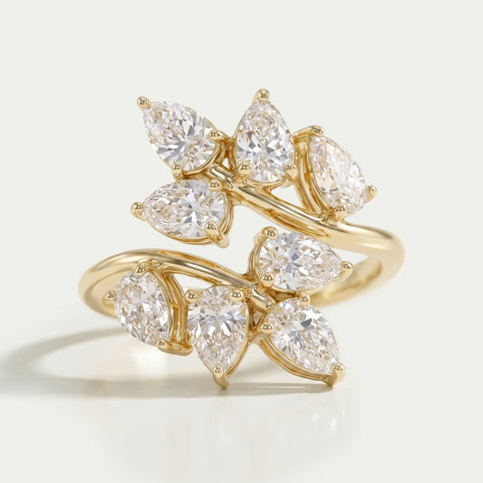 Diamond Pear Cluster Leaf Design Ring