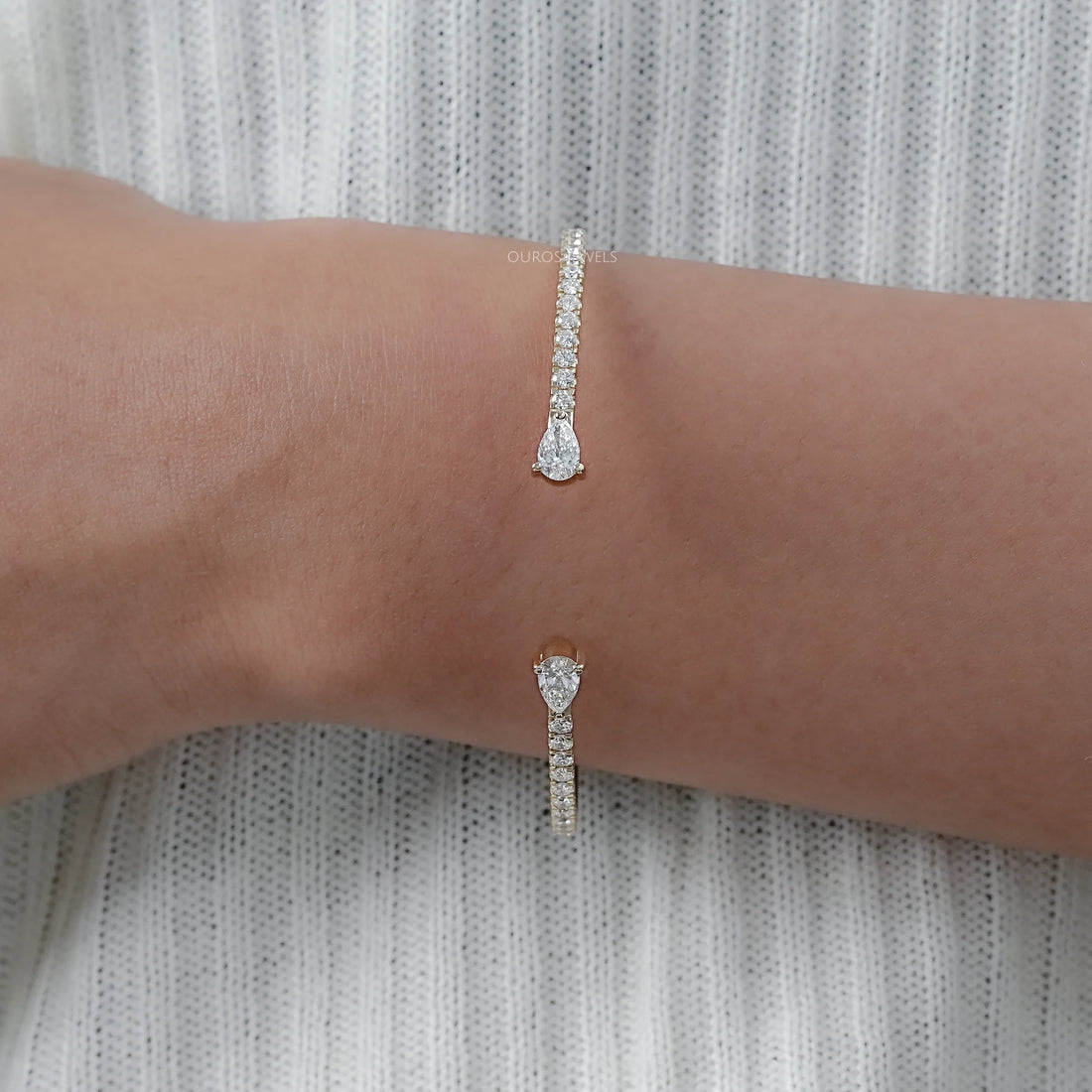 Pear and Round Lab Grown Diamond Open Cuff Bangle Bracelet