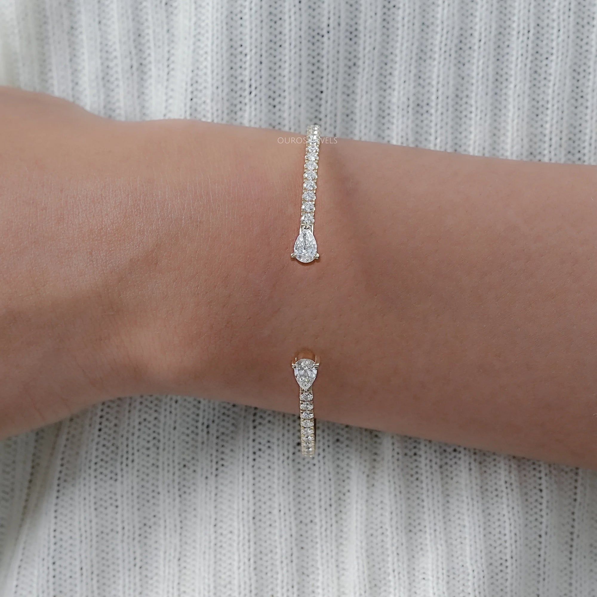 Pear and Round Lab Grown Diamond Open Cuff Bangle Bracelet