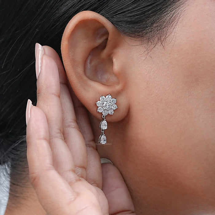 Round Cut Diamond Flower Drop Earrings