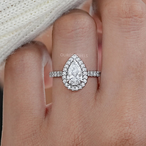 front view of pear cut lab diamond halo eternity wedding ring