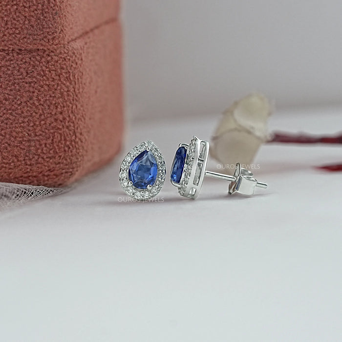 Pear Gemstone And Lab Diamond Halo Stud Earrings Earrings