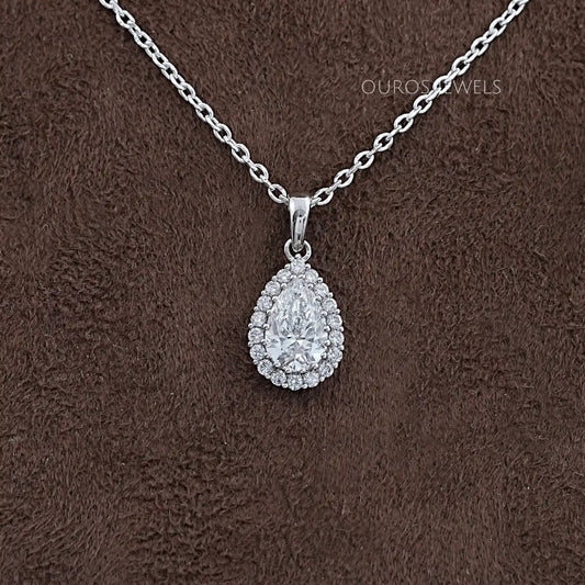 Pear Shape Lab Grown Diamond Halo Pendant Necklaces