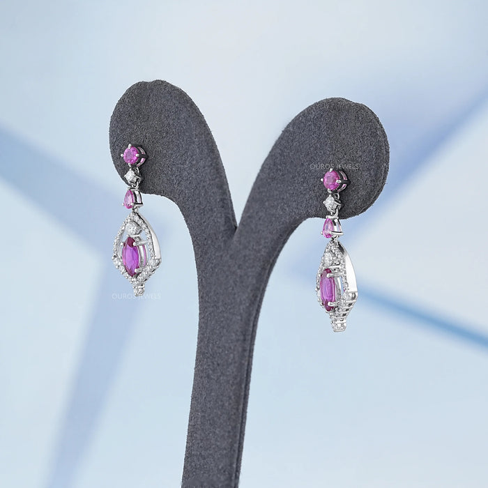 Pink Sapphire Marquise Cut Cluster Diamond Dangle Earrings