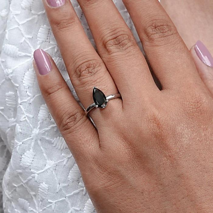 Black Pear Cut Lab Grown Solitaire Engagement Ring