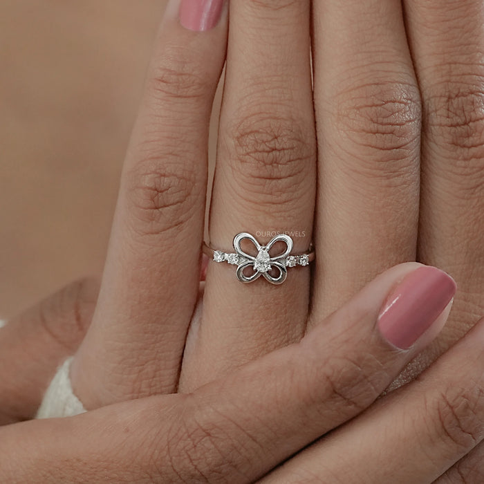 Pear Dainty Engagement Ring With Butterfly Shaped