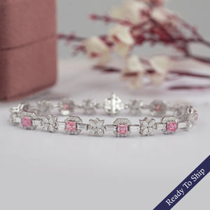 Flower And Pink Asscher Diamond Tennis Bracelet