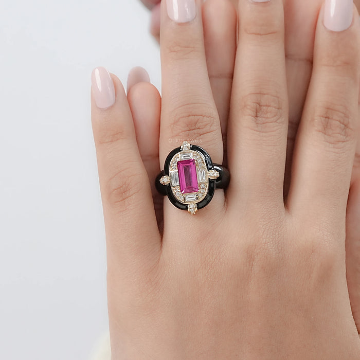 pink baguette-cut lab diamond enamel halo cocktail ring on model's finger