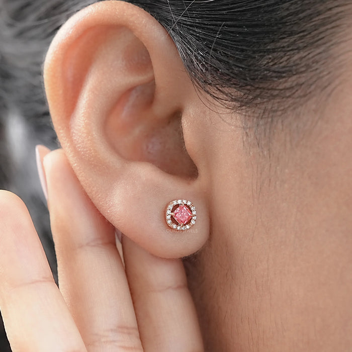 Pink Cushion Cut Halo Stud Earrings