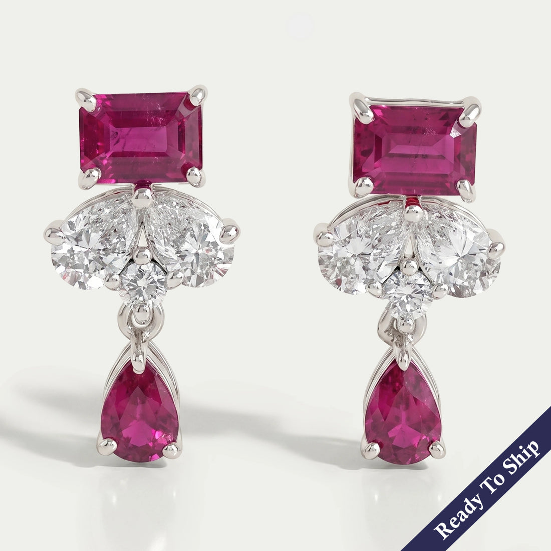 Pink Emerald Gemstone And Pear Diamond Drop Earrings