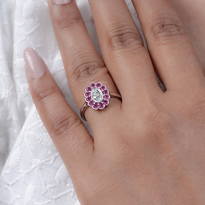 Old Mine Oval Cut Pink Halo Floral Engagement Ring